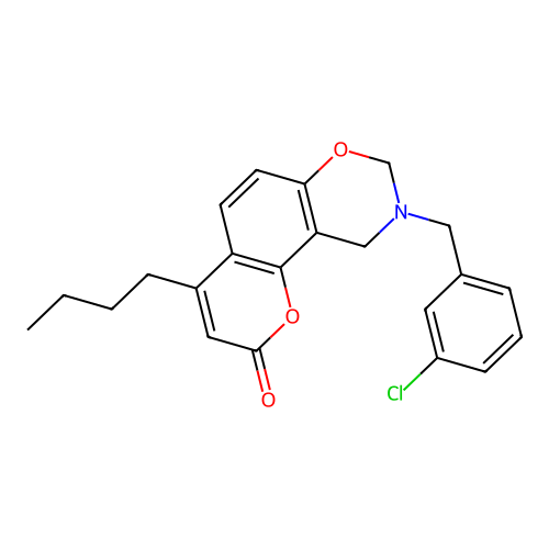 4-butyl-9-(3-chlorobenzyl)-9,10-dihydrochromeno[8,7-e][1,3]oxazin-2(8H)-one structure