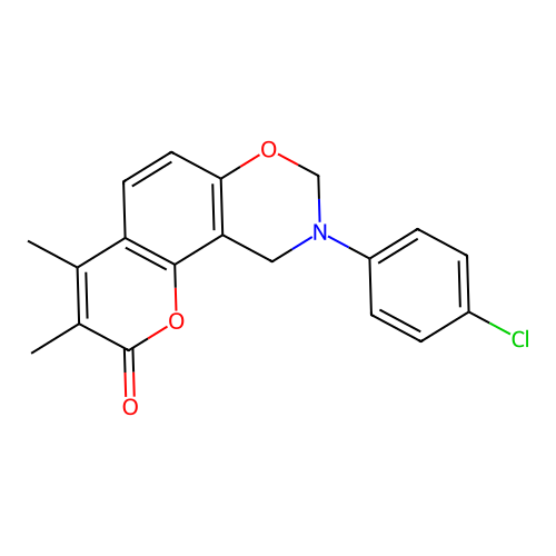 9-(4-chlorophenyl)-3,4-dimethyl-9,10-dihydrochromeno[8,7-e][1,3]oxazin-2(8H)-one structure