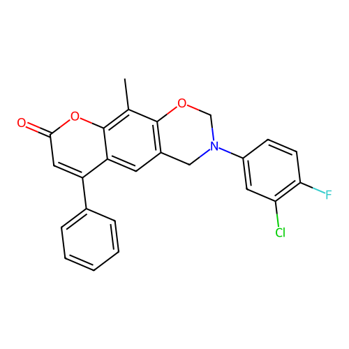3-(3-chloro-4-fluorophenyl)-10-methyl-6-phenyl-3,4-dihydrochromeno[6,7-e][1,3]oxazin-8(2H)-one structure