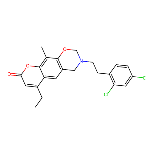 3-(2,4-dichlorophenethyl)-6-ethyl-10-methyl-3,4-dihydrochromeno[6,7-e][1,3]oxazin-8(2H)-one structure