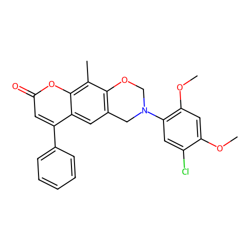 3-(5-chloro-2,4-dimethoxyphenyl)-10-methyl-6-phenyl-3,4-dihydrochromeno[6,7-e][1,3]oxazin-8(2H)-one structure