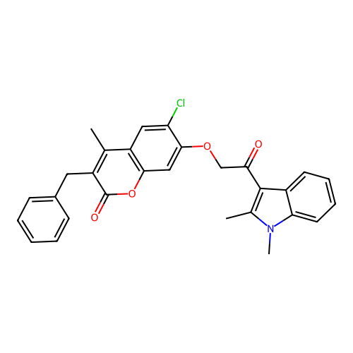 3-benzyl-6-chloro-7-(2-(1,2-dimethyl-1H-indol-3-yl)-2-oxoethoxy)-4-methyl-2H-chromen-2-one structure