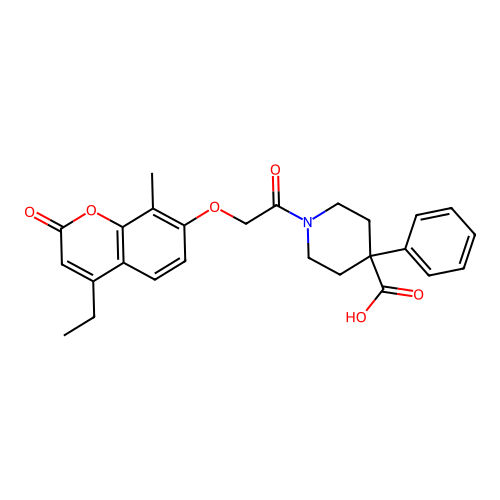 1-(2-((4-ethyl-8-methyl-2-oxo-2H-chromen-7-yl)oxy)acetyl)-4-phenylpiperidine-4-carboxylic acid structure