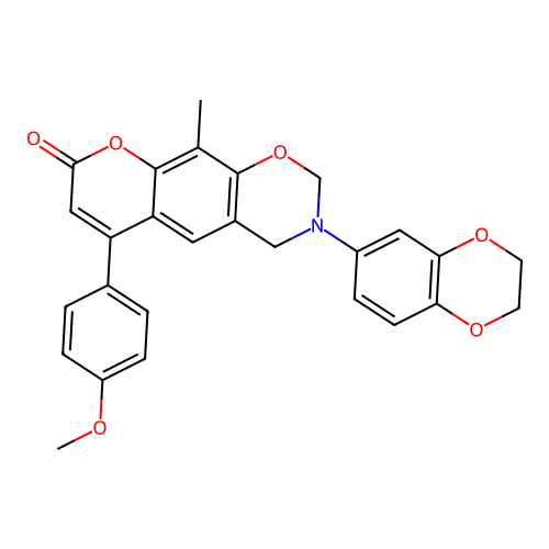 3-(2,3-dihydrobenzo[b][1,4]dioxin-6-yl)-6-(4-methoxyphenyl)-10-methyl-3,4-dihydrochromeno[6,7-e][1,3]oxazin-8(2H)-one structure