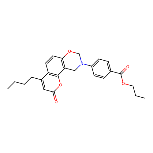 propyl 4-(4-butyl-2-oxochromeno[8,7-e][1,3]oxazin-9(2H,8H,10H)-yl)benzoate structure