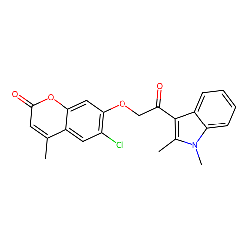 6-chloro-7-(2-(1,2-dimethyl-1H-indol-3-yl)-2-oxoethoxy)-4-methyl-2H-chromen-2-one structure