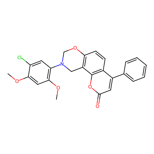 9-(5-chloro-2,4-dimethoxyphenyl)-4-phenyl-8,10-dihydropyrano[2,3-f][1,3]benzoxazin-2-one structure