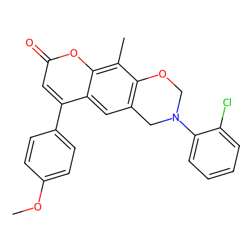 3-(2-chlorophenyl)-6-(4-methoxyphenyl)-10-methyl-3,4-dihydrochromeno[6,7-e][1,3]oxazin-8(2H)-one structure