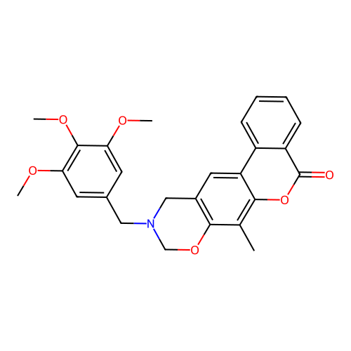 7-methyl-10-(3,4,5-trimethoxybenzyl)-10,11-dihydrobenzo[3,4]chromeno[6,7-e][1,3]oxazin-5(9H)-one structure