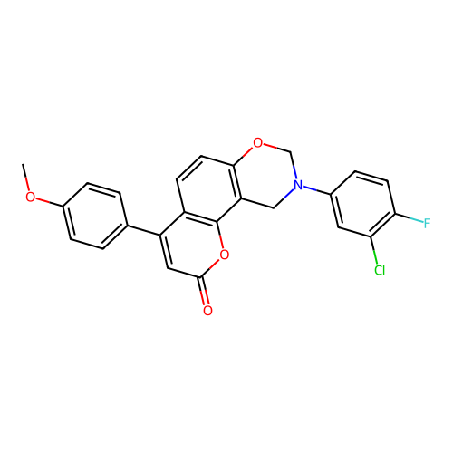 9-(3-chloro-4-fluorophenyl)-4-(4-methoxyphenyl)-9,10-dihydrochromeno[8,7-e][1,3]oxazin-2(8H)-one structure