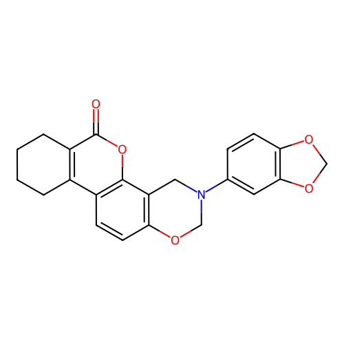 3-(benzo[d][1,3]dioxol-5-yl)-3,4,7,8,9,10-hexahydrobenzo[3,4]chromeno[8,7-e][1,3]oxazin-6(2H)-one structure