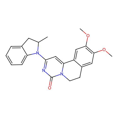 9,10-dimethoxy-2-(2-methylindolin-1-yl)-6,7-dihydro-4H-pyrimido[6,1-a]isoquinolin-4-one structure