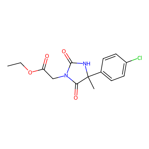 Ethyl 2-[4-(4-chlorophenyl)-4-methyl-2,5-dioxoimidazolidin-1-yl]acetate structure