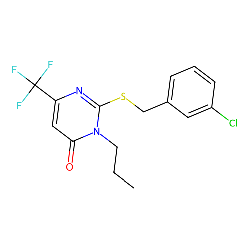2-[(3-chlorobenzyl)sulfanyl]-3-propyl-6-(trifluoromethyl)-4(3H)-pyrimidinone structure