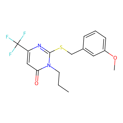 2-[(3-methoxybenzyl)sulfanyl]-3-propyl-6-(trifluoromethyl)-4(3H)-pyrimidinone structure