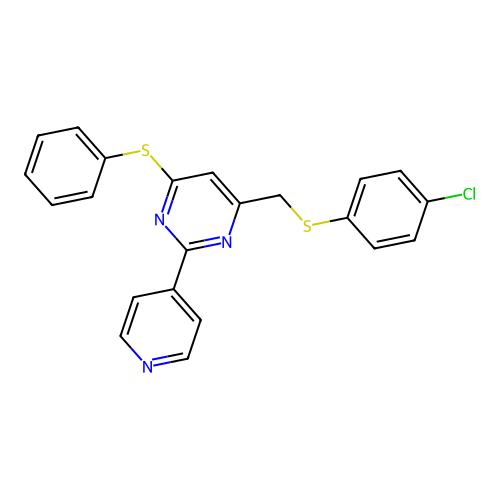 4-Chlorophenyl [6-(phenylsulfanyl)-2-(4-pyridinyl)-4-pyrimidinyl]methyl sulfide structure