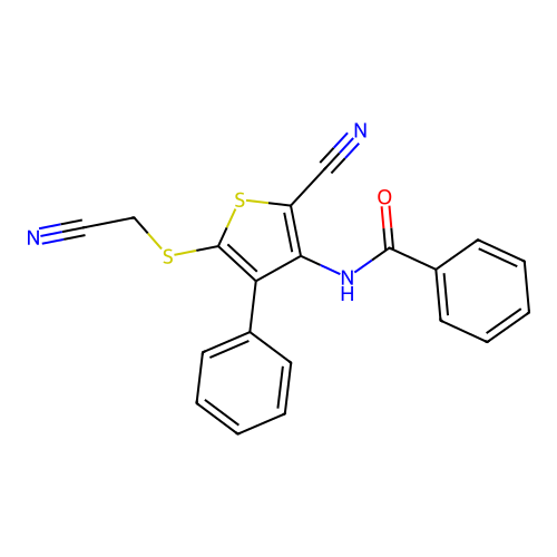 N-{2-cyano-5-[(cyanomethyl)sulfanyl]-4-phenyl-3-thienyl}benzenecarboxamide structure