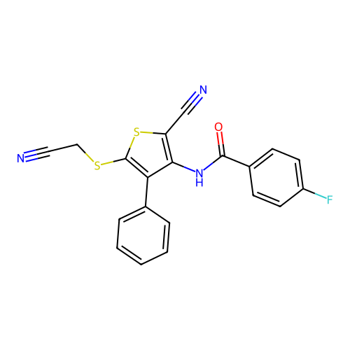 N-{2-cyano-5-[(cyanomethyl)sulfanyl]-4-phenyl-3-thienyl}-4-fluorobenzenecarboxamide structure