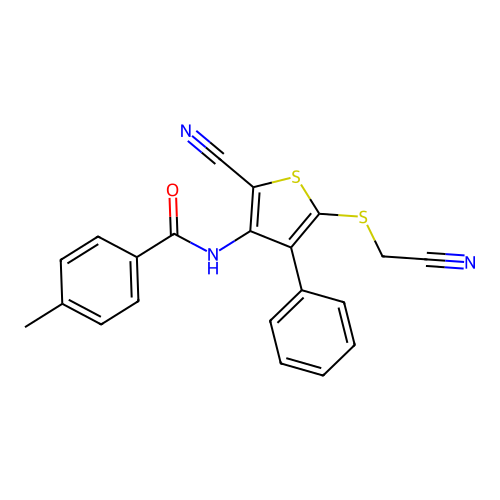 N-{2-cyano-5-[(cyanomethyl)sulfanyl]-4-phenyl-3-thienyl}-4-methylbenzenecarboxamide structure