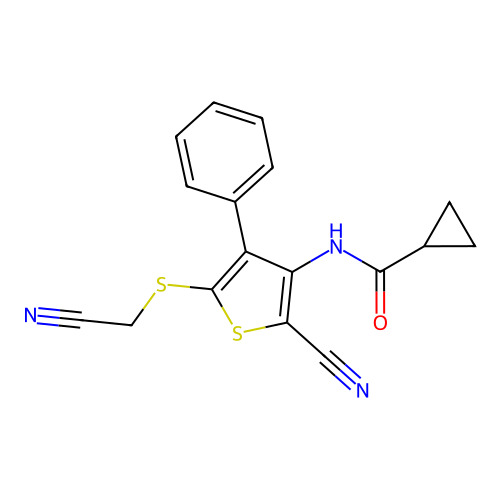 N-{2-cyano-5-[(cyanomethyl)sulfanyl]-4-phenyl-3-thienyl}cyclopropanecarboxamide structure