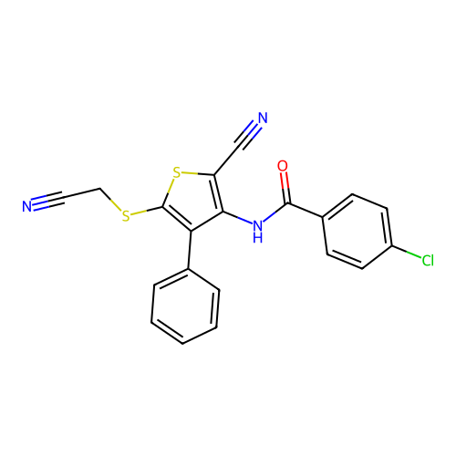 4-chloro-N-{2-cyano-5-[(cyanomethyl)sulfanyl]-4-phenyl-3-thienyl}benzenecarboxamide structure