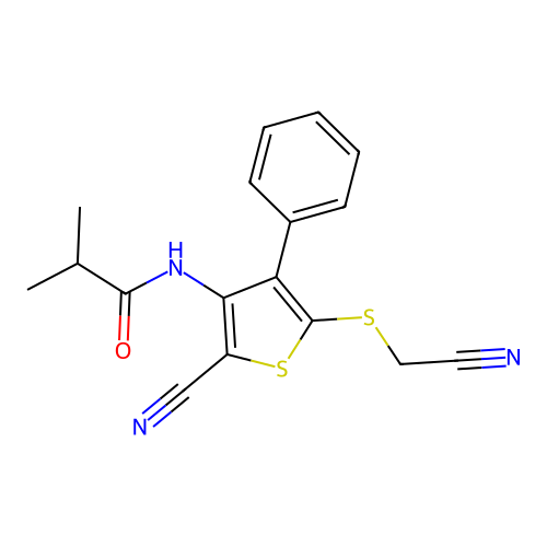 N-{2-cyano-5-[(cyanomethyl)sulfanyl]-4-phenyl-3-thienyl}-2-methylpropanamide structure