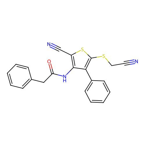 N-{2-cyano-5-[(cyanomethyl)sulfanyl]-4-phenyl-3-thienyl}-2-phenylacetamide structure