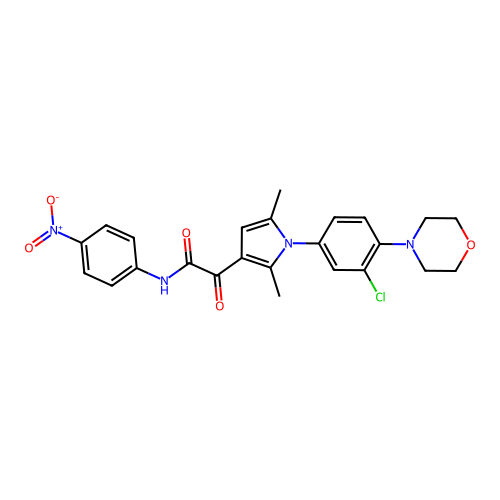 2-[1-(3-chloro-4-morpholinophenyl)-2,5-dimethyl-1H-pyrrol-3-yl]-N-(4-nitrophenyl)-2-oxoacetamide structure