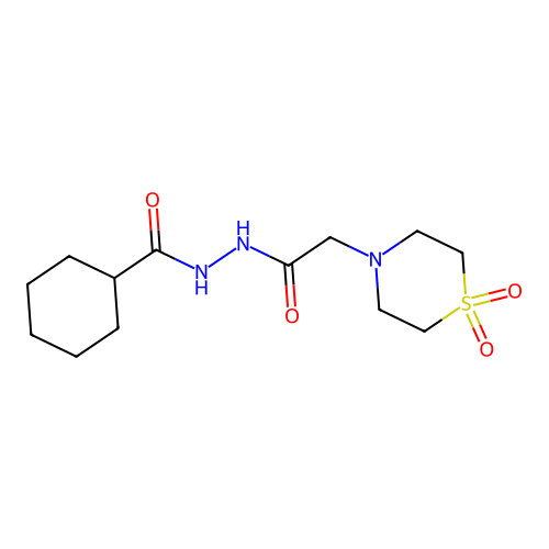 N'-(cyclohexylcarbonyl)-2-(1,1-dioxo-1lambda~6~,4-thiazinan-4-yl)acetohydrazide structure