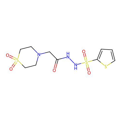N'-[2-(1,1-dioxo-1lambda~6~,4-thiazinan-4-yl)acetyl]-2-thiophenesulfonohydrazide structure