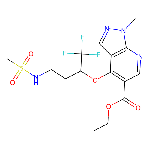 ethyl 1-methyl-4-[3-[(methylsulfonyl)amino]-1-(trifluoromethyl)propoxy]-1H-pyrazolo[3,4-b]pyridine-5-carboxylate structure