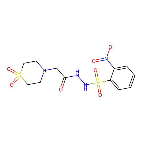 N'-[2-(1,1-dioxo-1lambda~6~,4-thiazinan-4-yl)acetyl]-2-nitrobenzenesulfonohydrazide structure