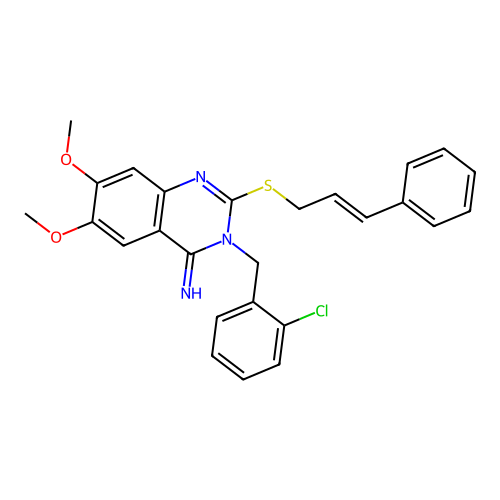 3-[(2-chlorophenyl)methyl]-2-cinnamylsulfanyl-6,7-dimethoxy-quinazolin-4-imine structure