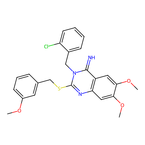 3-[(2-chlorophenyl)methyl]-6,7-dimethoxy-2-[(3-methoxyphenyl)methylsulfanyl]quinazolin-4-imine structure