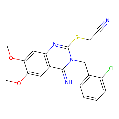 2-{[3-(2-chlorobenzyl)-4-imino-6,7-dimethoxy-3,4-dihydro-2-quinazolinyl]sulfanyl}acetonitrile structure
