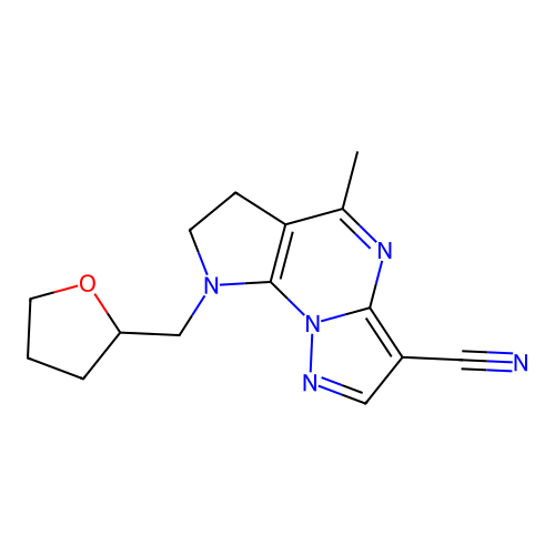 5-methyl-8-(tetrahydro-2-furanylmethyl)-7,8-dihydro-6H-pyrazolo[1,5-a]pyrrolo[3,2-e]pyrimidine-3-carbonitrile structure