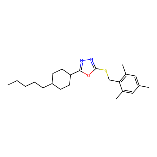 2-[(Mesitylmethyl)sulfanyl]-5-(4-pentylcyclohexyl)-1,3,4-oxadiazole structure