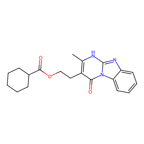 2-(2-methyl-4-oxo-1,4-dihydropyrimido[1,2-a][1,3]benzimidazol-3-yl)ethyl cyclohexanecarboxylate structure