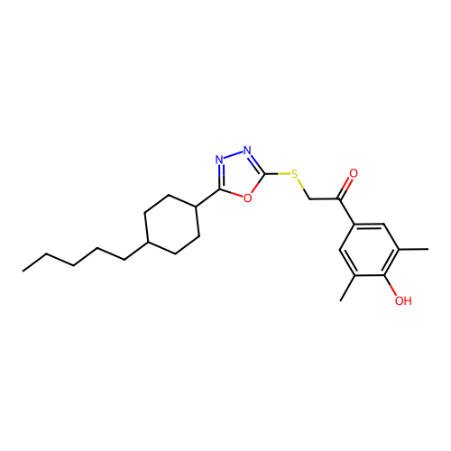 1-(4-hydroxy-3,5-dimethylphenyl)-2-{[5-(4-pentylcyclohexyl)-1,3,4-oxadiazol-2-yl]sulfanyl}-1-ethanone structure