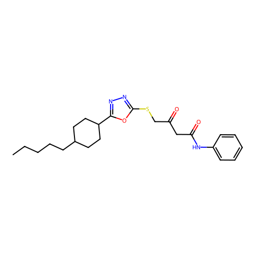 3-oxo-4-{[5-(4-pentylcyclohexyl)-1,3,4-oxadiazol-2-yl]sulfanyl}-N-phenylbutanamide structure