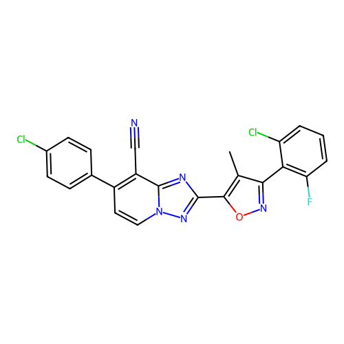 2-[3-(2-chloro-6-fluorophenyl)-4-methyl-1,2-oxazol-5-yl]-7-(4-chlorophenyl)-[1,2,4]triazolo[1,5-a]pyridine-8-carbonitrile structure