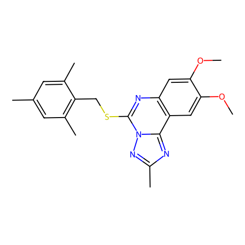 5-[(mesitylmethyl)sulfanyl]-8,9-dimethoxy-2-methyl[1,2,4]triazolo[1,5-c]quinazoline structure
