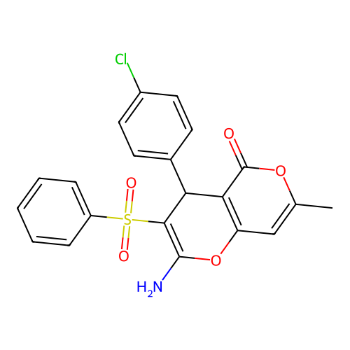 2-amino-4-(4-chlorophenyl)-7-methyl-3-(phenylsulfonyl)-4H,5H-pyrano[4,3-b]pyran-5-one structure