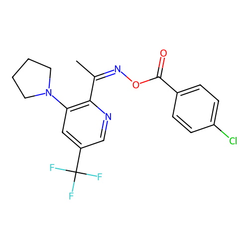 [1-[3-pyrrolidin-1-yl-5-(trifluoromethyl)pyridin-2-yl]ethylideneamino] 4-chlorobenzoate structure