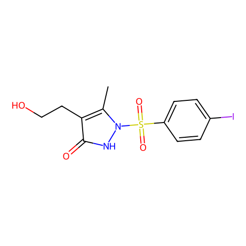 4-(2-hydroxyethyl)-1-[(4-iodophenyl)sulfonyl]-5-methyl-1,2-dihydro-3H-pyrazol-3-one structure