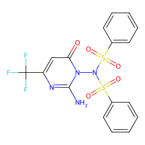 N-[2-amino-6-oxo-4-(trifluoromethyl)-1(6H)-pyrimidinyl]-N-(phenylsulfonyl)benzenesulfonamide structure