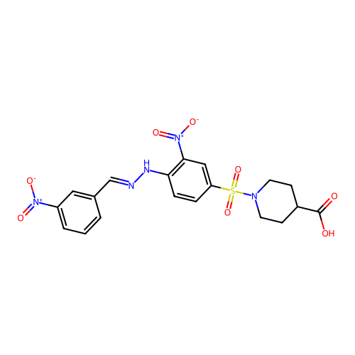 1-[3-nitro-4-[2-[(3-nitrophenyl)methylidene]hydrazinyl]phenyl]sulfonylpiperidine-4-carboxylic Acid structure