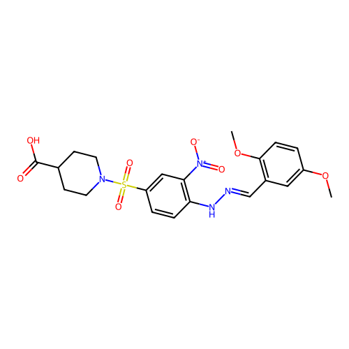1-[(4-{2-[(E)-(2,5-dimethoxyphenyl)methylidene]hydrazino}-3-nitrophenyl)sulfonyl]-4-piperidinecarboxylic acid structure