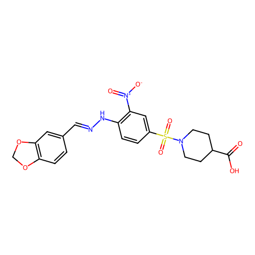 1-[(4-{2-[(E)-1,3-benzodioxol-5-ylmethylidene]hydrazino}-3-nitrophenyl)sulfonyl]-4-piperidinecarboxylic acid structure