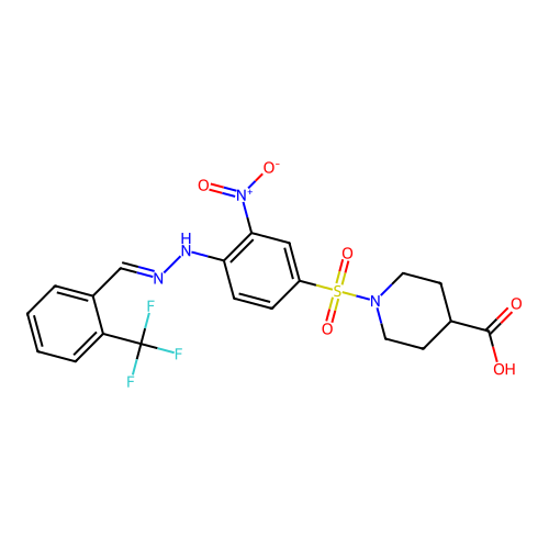 1-[3-nitro-4-[2-[[2-(trifluoromethyl)phenyl]methylidene]hydrazinyl]phenyl]sulfonylpiperidine-4-carboxylic acid structure